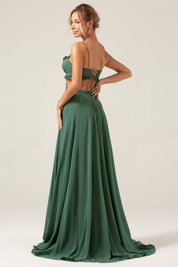 Eucalyptus Spaghetti Straps Hollow-out Long Bridesmaid Dress with Ruffles